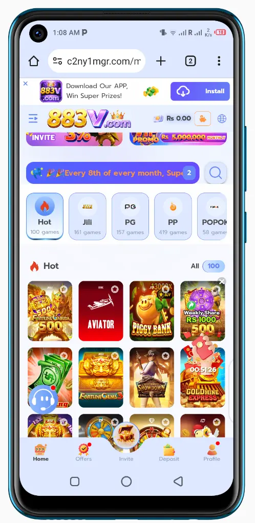 main dashboard interface of 883V game APK showing balance and games