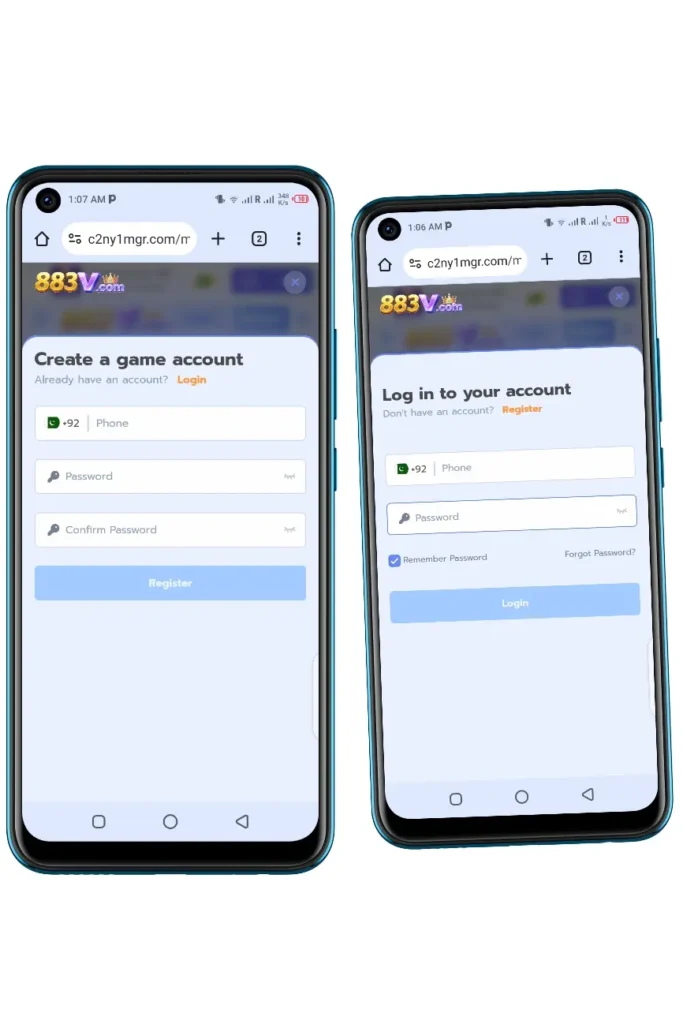 Registration and login screen for 883V game account