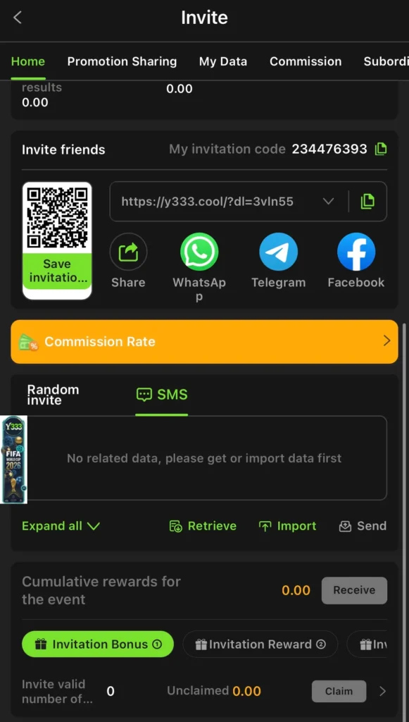Y333 referral program dashboard showcasing the unique invite link