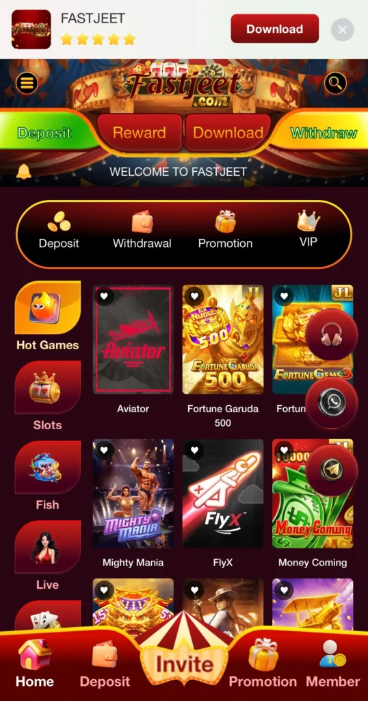Fastjeet Game main dashboard showing games