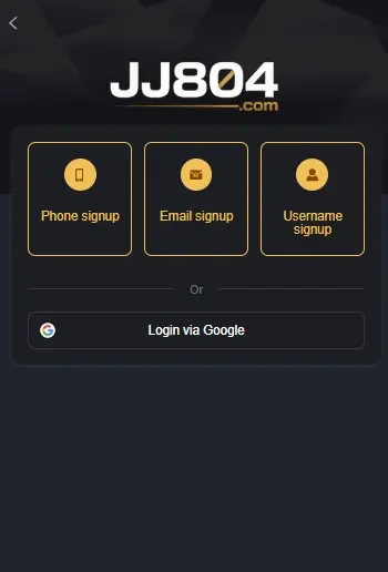 JJ804 Game Account Registration Screen