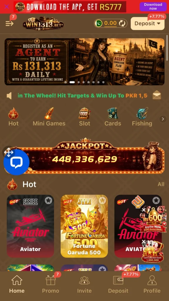Main dashboard interface of the Win1313 app showing the navigation menu, user profile options, and available game categories for players in Pakistan.
