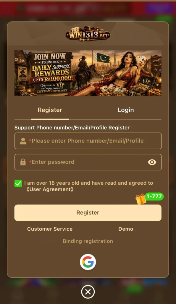 Mobile profile registration screen and Win1313 login dashboard interface for new players in Pakistan.