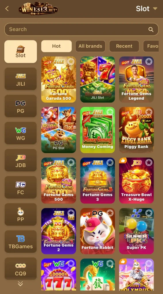 View of the popular game lobbies inside the Win1313 APK