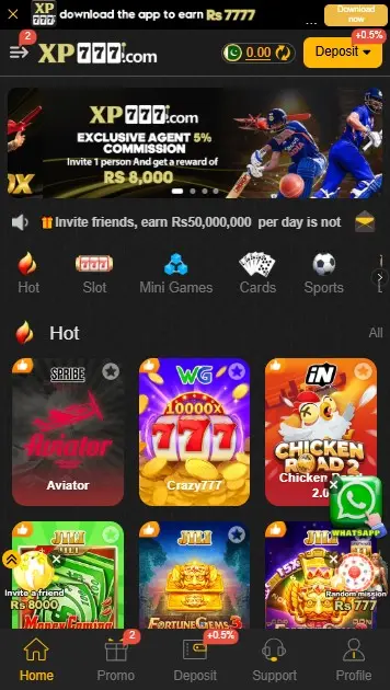 xp777 game home screen dashboard