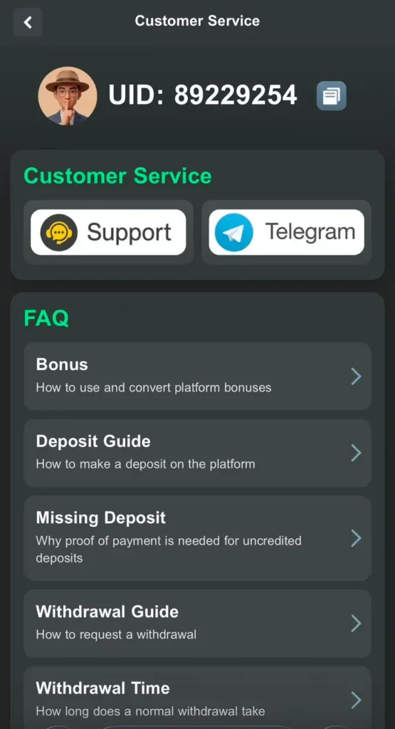 customer support service option in betnala apk