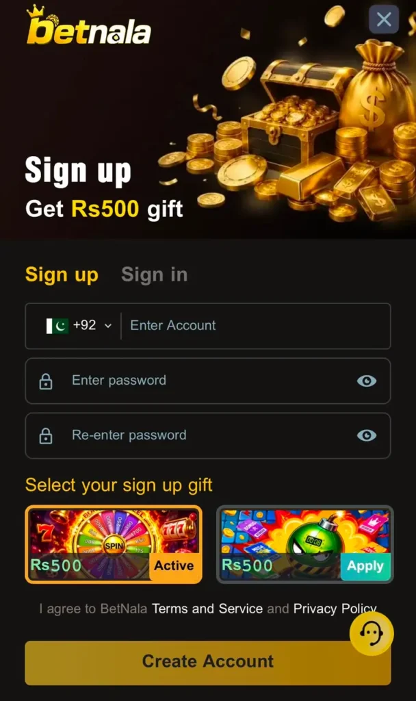 signup screen in betnala apk
