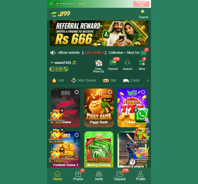 JJ99 Game profile and account dashboard on Android