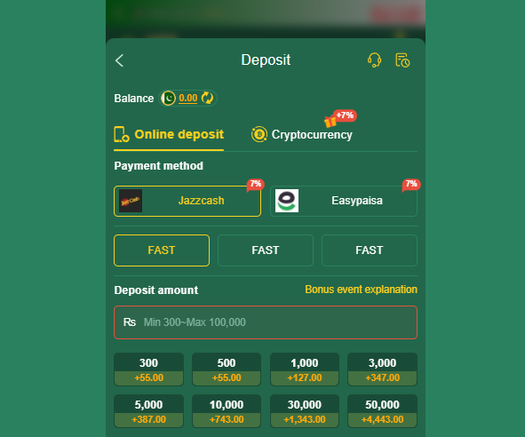 JJ99 Game deposit page with JazzCash and Easypaisa payment options