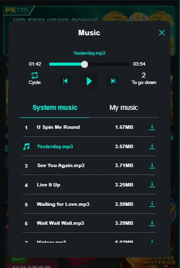 PK116 Game main dashboard interface showing custom music controls