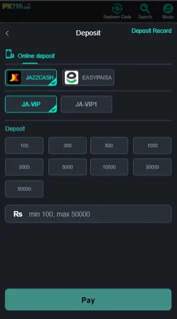 PK116 Game deposit menu displaying EasyPaisa and JazzCash payment options in Pakistan.
