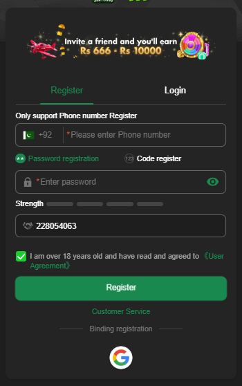 registeration screen in jeeto999 game app 