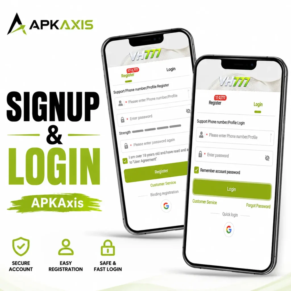 User registration and login form on vh777 app