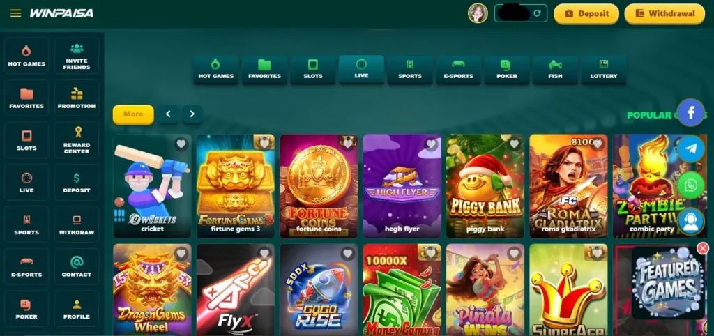 main dashboard of winpaisa game app